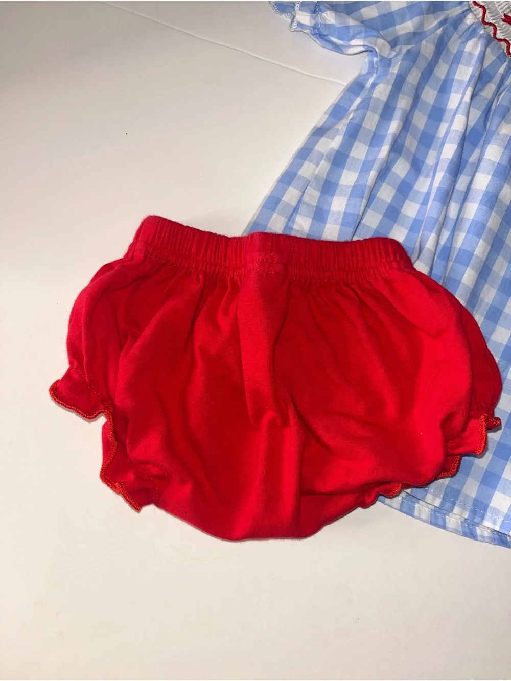 Blue Gingham Smocked Top and Red Bloomers Girls Chicken Red Barn Matching Set